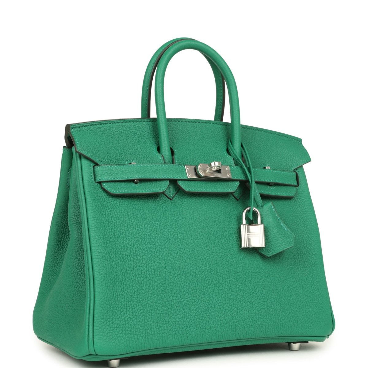 Green Togo leather Birkin 25 handbag with top handles, front clasp, and hanging lock