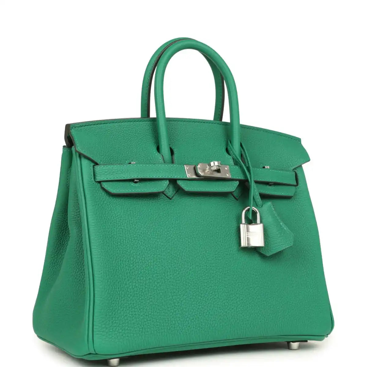 Green Togo leather Birkin 25 handbag with top handles, front clasp, and hanging lock
