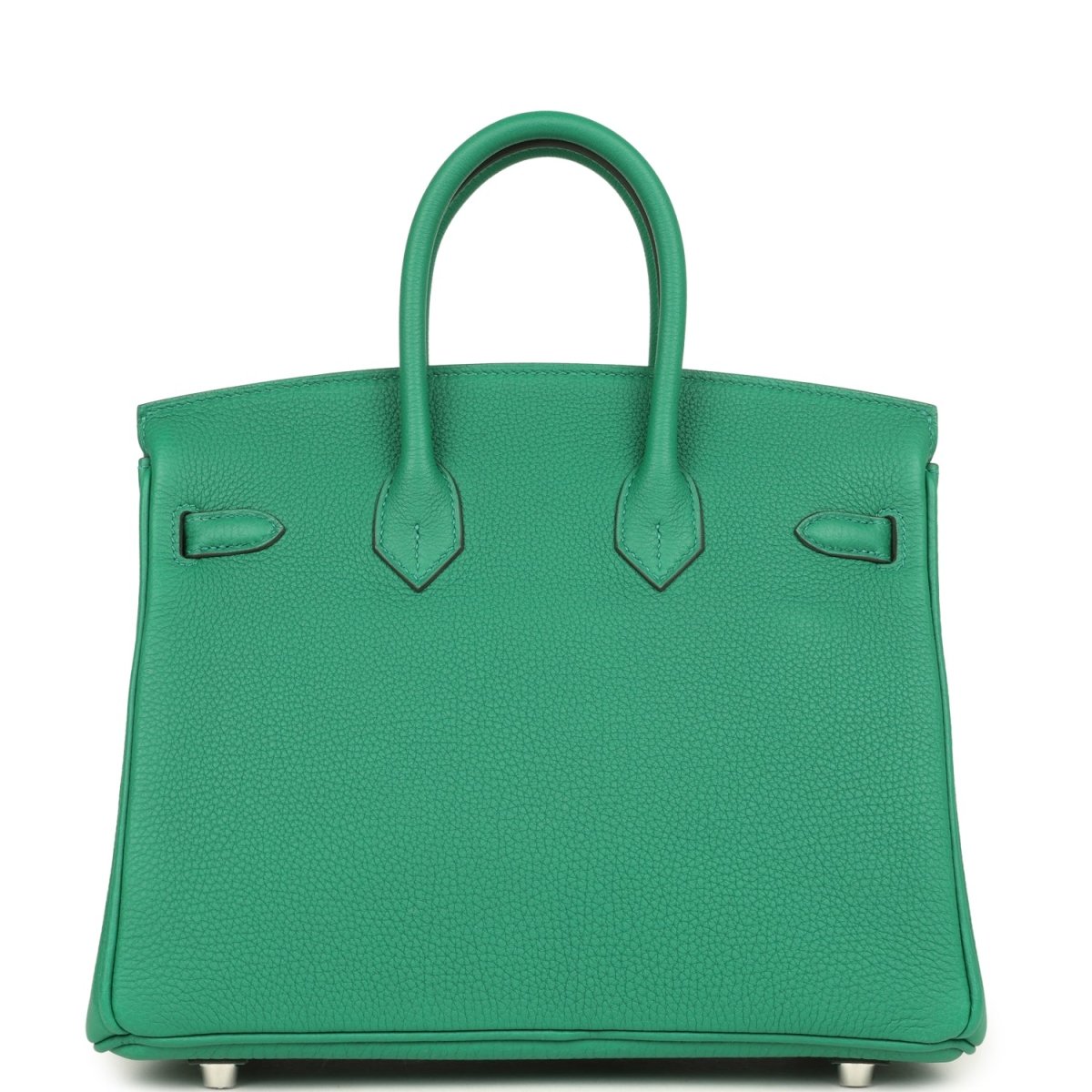 Green Togo leather Birkin 25 handbag front panel with decorative straps and hardware