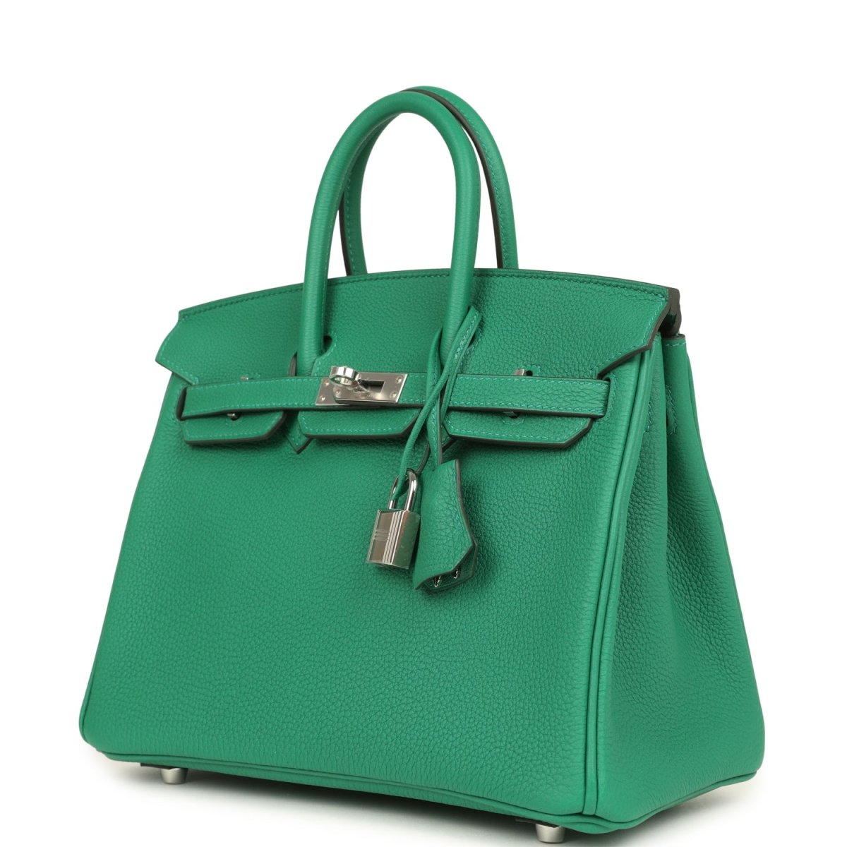 Green Togo leather Birkin 25 handbag with front clasp, hanging lock, and side profile