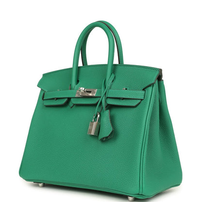 Green Togo leather Birkin 25 handbag with front clasp, hanging lock, and side profile