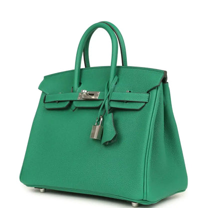Green Togo leather Birkin 25 handbag with front clasp, hanging lock, and side profile