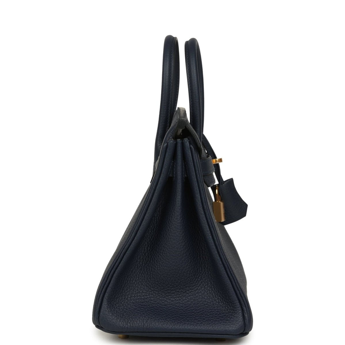 Blue Togo leather handbag profile with two top handles and gold padlock charm