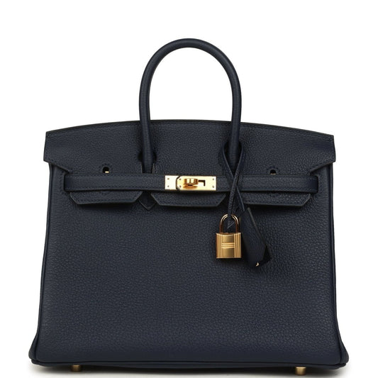 Blue Togo leather Birkin 25cm handbag with gold turn-lock and hanging key charm