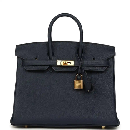Blue Togo leather Birkin 25cm handbag with gold turn-lock and hanging key charm