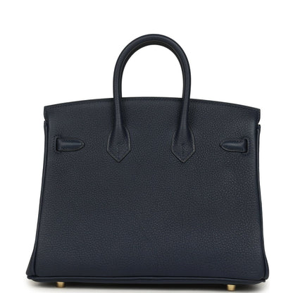Blue Togo leather Birkin handbag with structured front and two side gussets