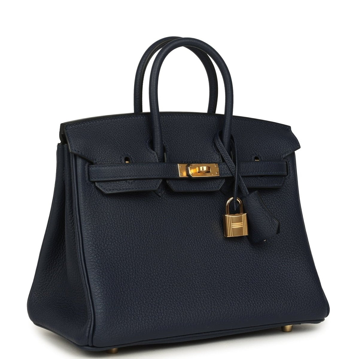 Blue Togo leather Birkin handbag with gold clasp, top handles, and front pockets