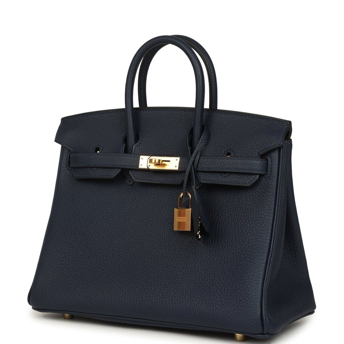 Blue Togo leather Birkin handbag with gold front clasp and adjustable strap loop