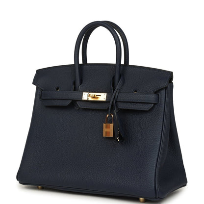 Blue Togo leather Birkin handbag with gold front clasp and adjustable strap loop