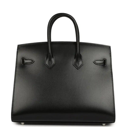 Hermès Birkin Sellier 25 handbag front view, black box calfskin, flap details