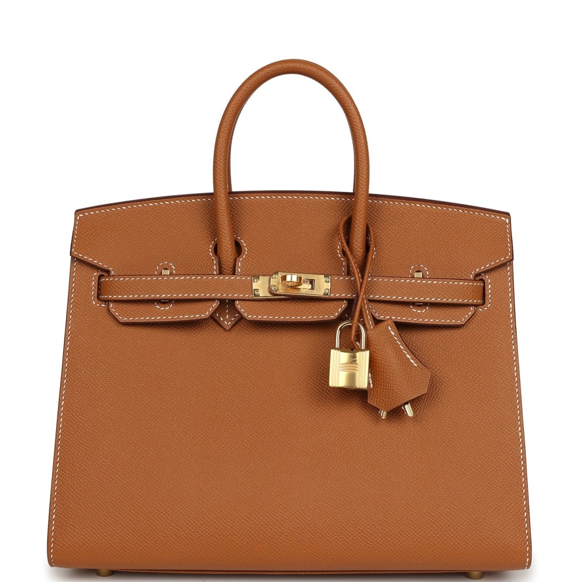 Hermes Birkin Sellier 25 handbag in textured tan leather with gold front clasp and padlock