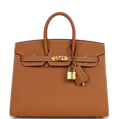 Hermes Birkin Sellier 25 handbag in textured tan leather with gold front clasp and padlock