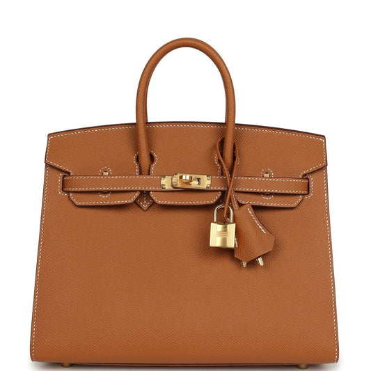 Hermes Birkin Sellier 25 handbag in textured tan leather with gold front clasp and padlock