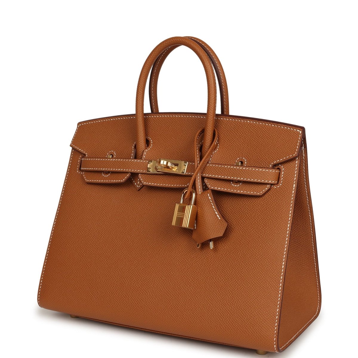 Hermes Birkin Sellier 25 handbag front angle in textured tan leather with gold clasp and lock