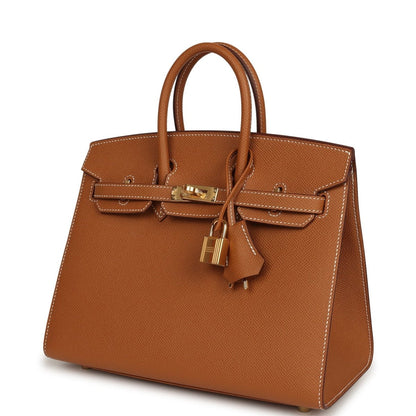 Hermes Birkin Sellier 25 handbag front angle in textured tan leather with gold clasp and lock