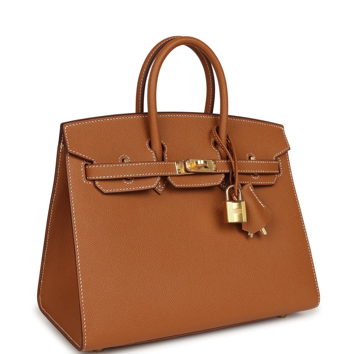 Hermes Birkin Sellier 25 handbag, tan textured leather, gold front clasp with hanging lock