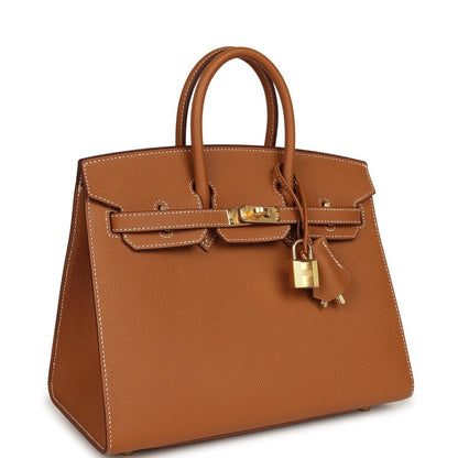 Hermes Birkin Sellier 25 handbag, tan textured leather, gold front clasp with hanging lock