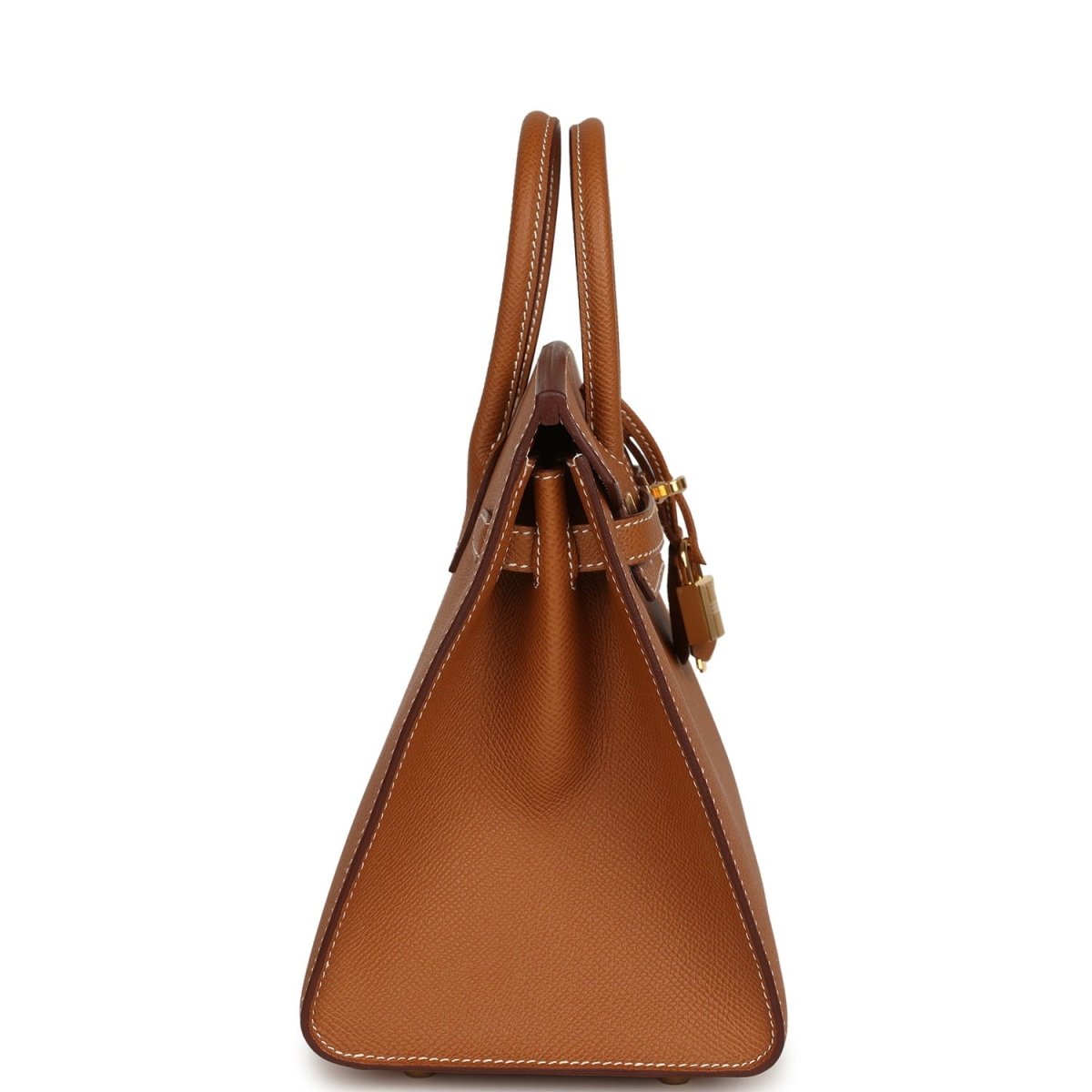 Hermes Birkin Sellier 25 handbag side view with tall handles and textured tan leather