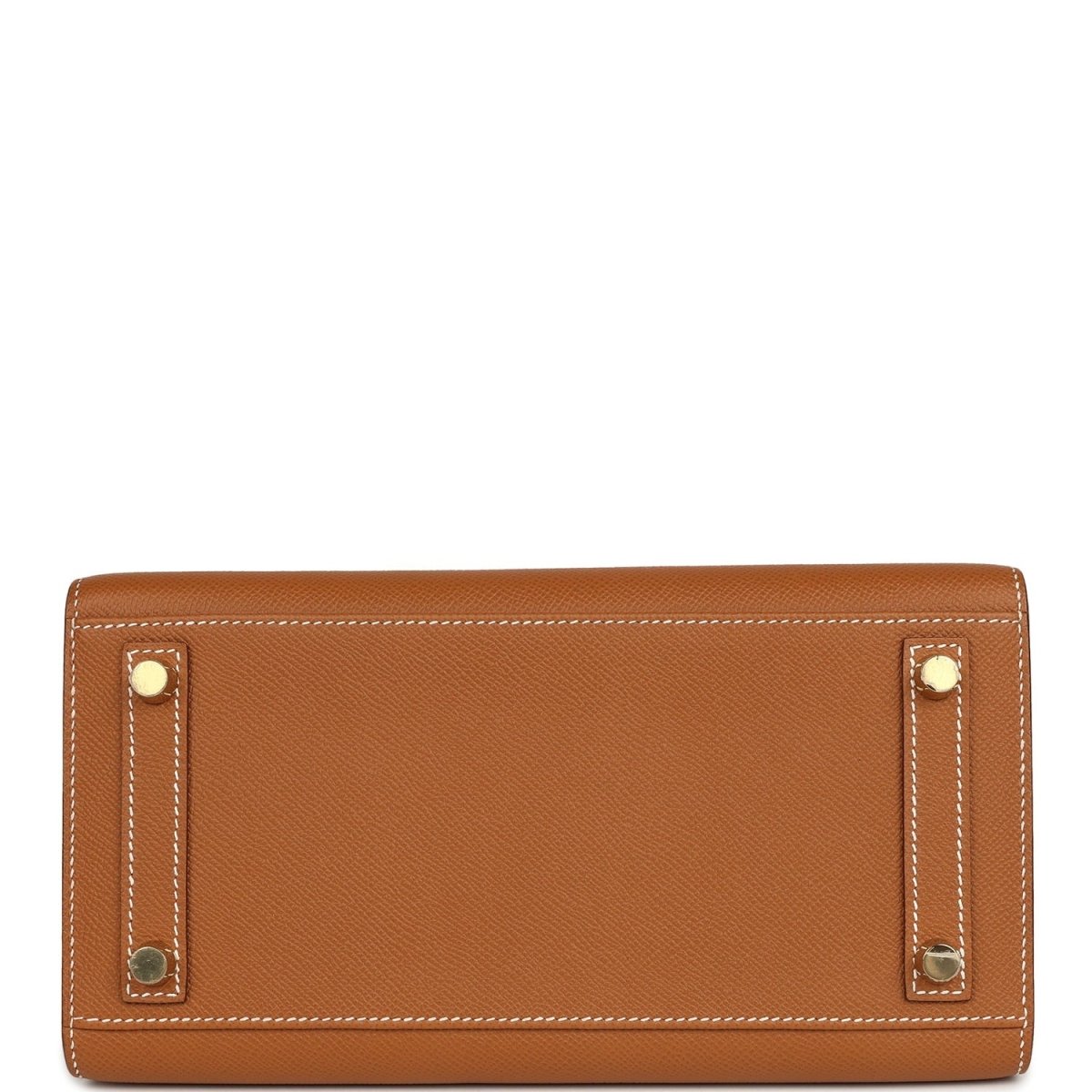 Hermes Birkin Sellier 25 handbag bottom view in textured tan leather with corner hardware