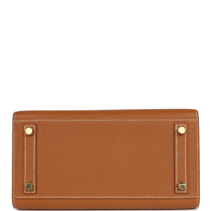 Hermes Birkin Sellier 25 handbag bottom view in textured tan leather with corner hardware