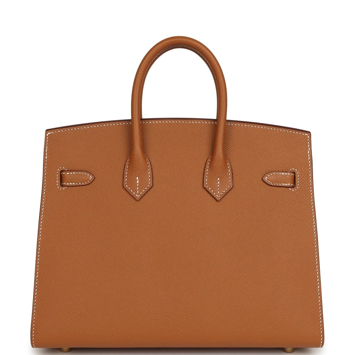 Hermes Birkin Sellier 25 handbag back view in textured tan leather with strap details