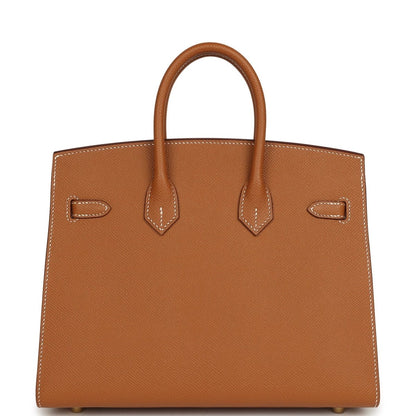 Hermes Birkin Sellier 25 handbag back view in textured tan leather with strap details