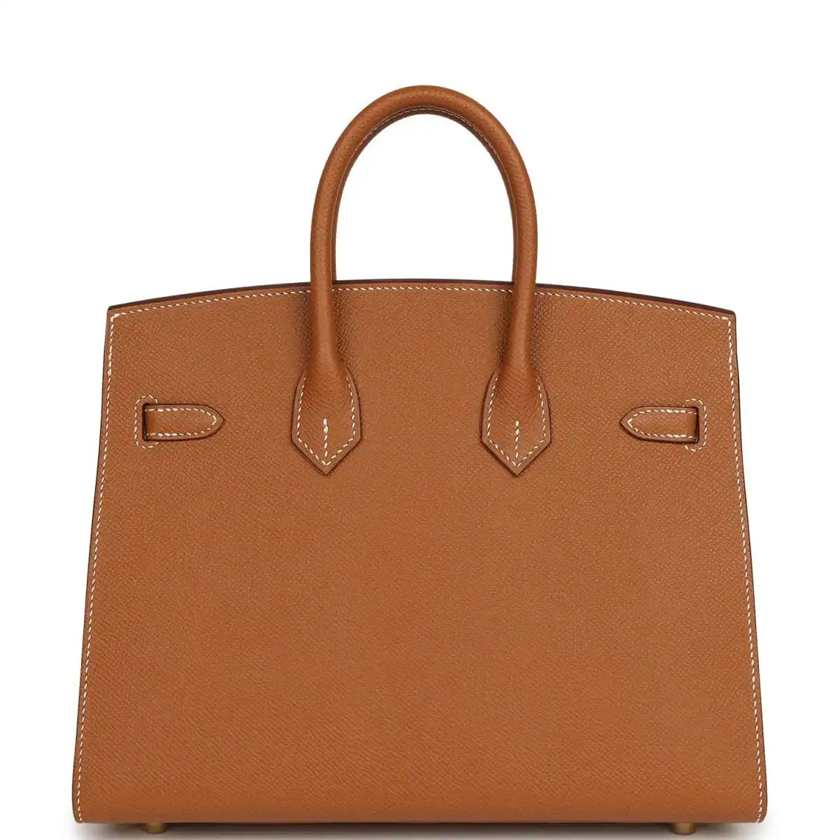 Hermes Birkin Sellier 25 handbag back view in textured tan leather with strap details