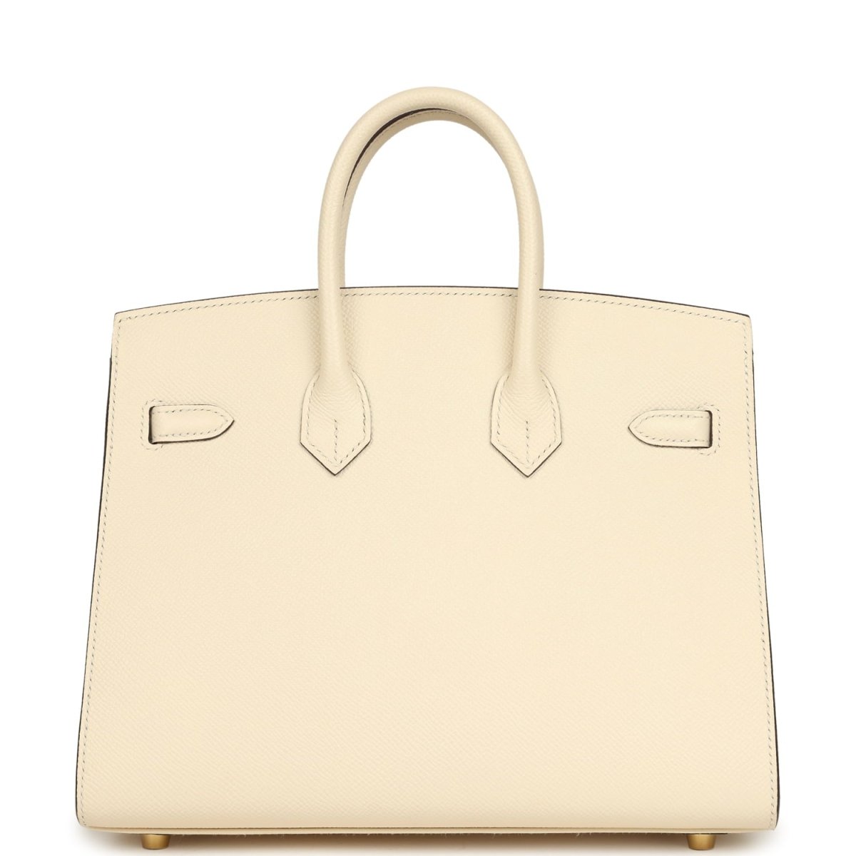 Hermes Birkin Sellier 25 handbag front view with cream leather flap straps and gold clasp