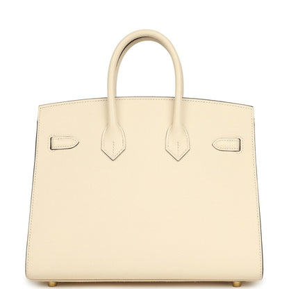 Hermes Birkin Sellier 25 handbag front view with cream leather flap straps and gold clasp
