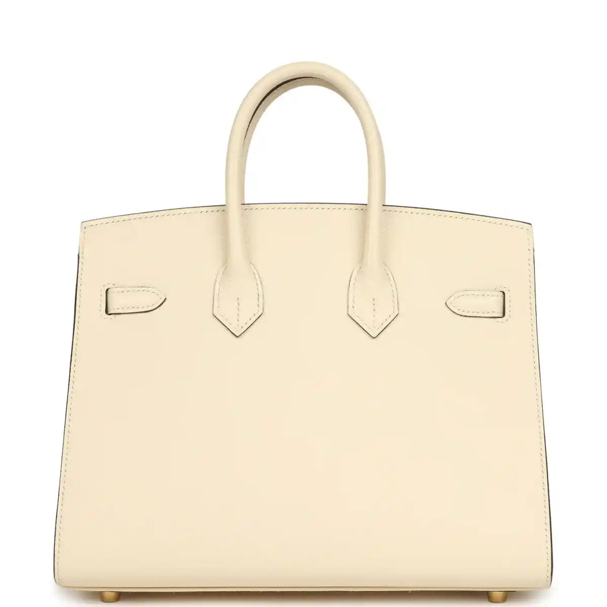 Hermes Birkin Sellier 25 handbag front view with cream leather flap straps and gold clasp