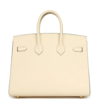 Hermes Birkin Sellier 25 handbag front view with cream leather flap straps and gold clasp