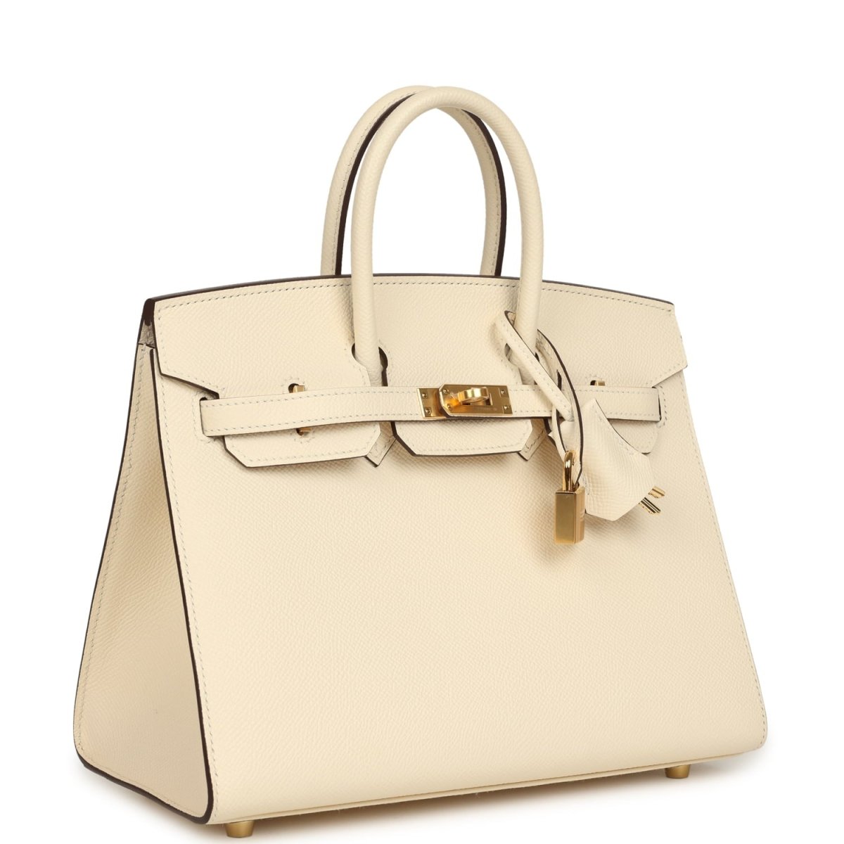 Hermes Birkin Sellier 25 handbag with cream leather body, gold clasp and side profile