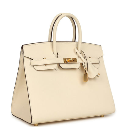 Hermes Birkin Sellier 25 handbag with cream leather body, gold clasp and side profile