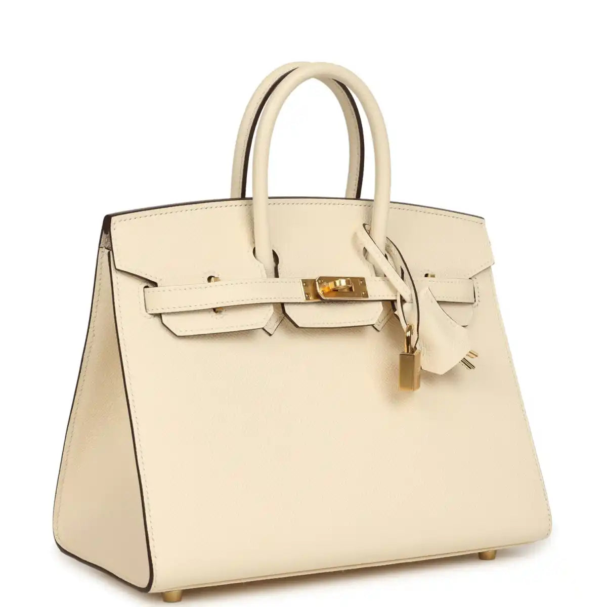 Hermes Birkin Sellier 25 handbag with cream leather body, gold clasp and side profile