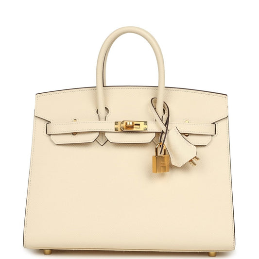 Hermes Birkin Sellier 25 handbag in light cream leather with gold front lock and keys