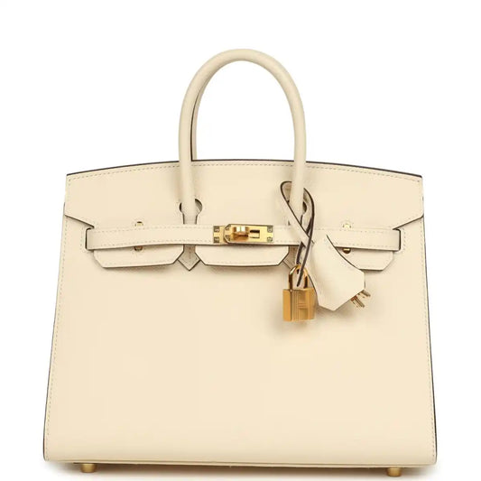 Hermes Birkin Sellier 25 handbag in light cream leather with gold front lock and keys