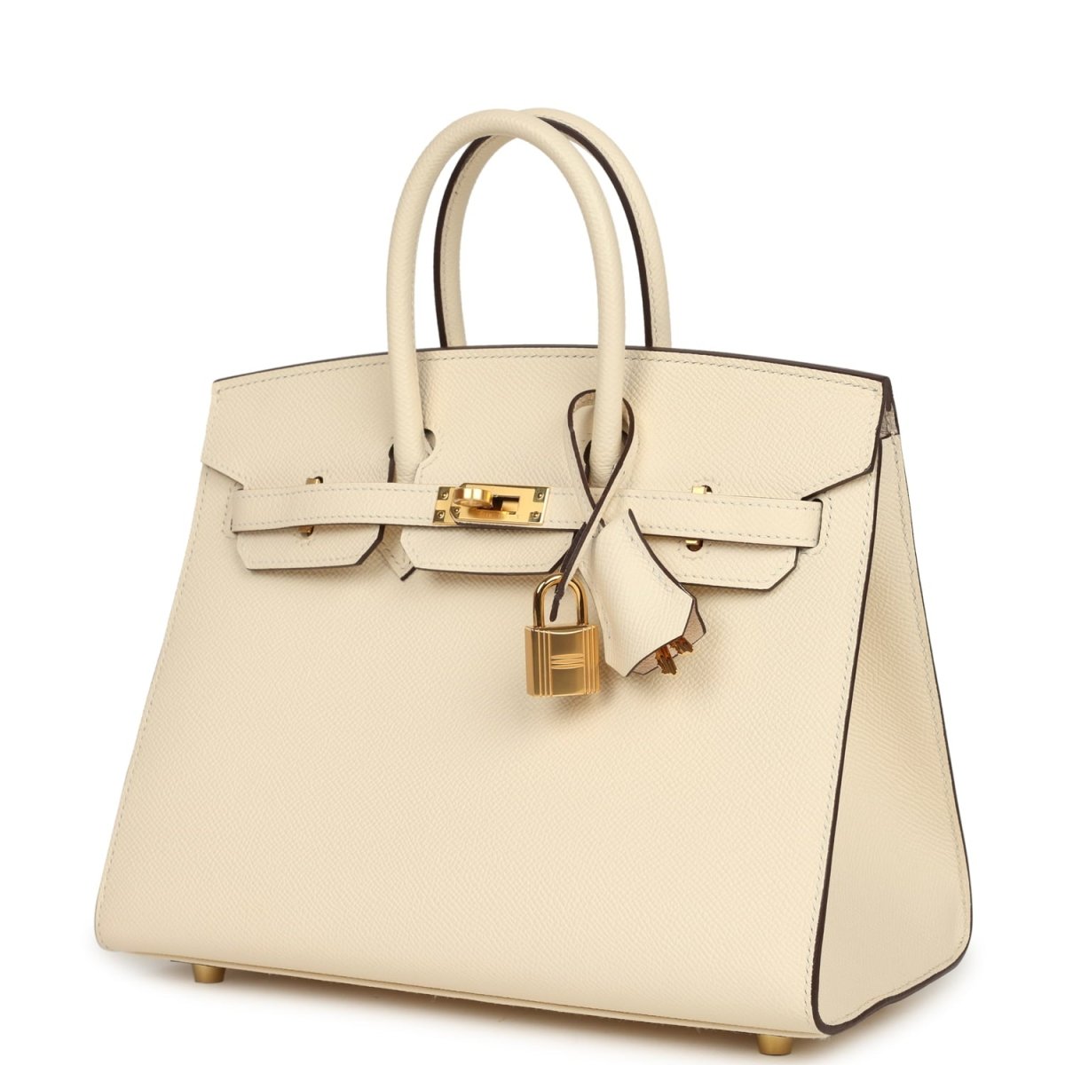 Hermes Birkin Sellier 25 handbag three-quarter view in cream leather with gold lock hardware