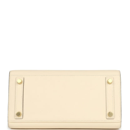 Hermes Birkin Sellier 25 handbag bottom front view with feet and cream leather panels