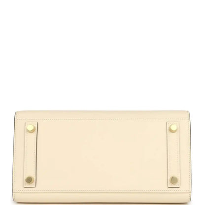 Hermes Birkin Sellier 25 handbag bottom front view with feet and cream leather panels