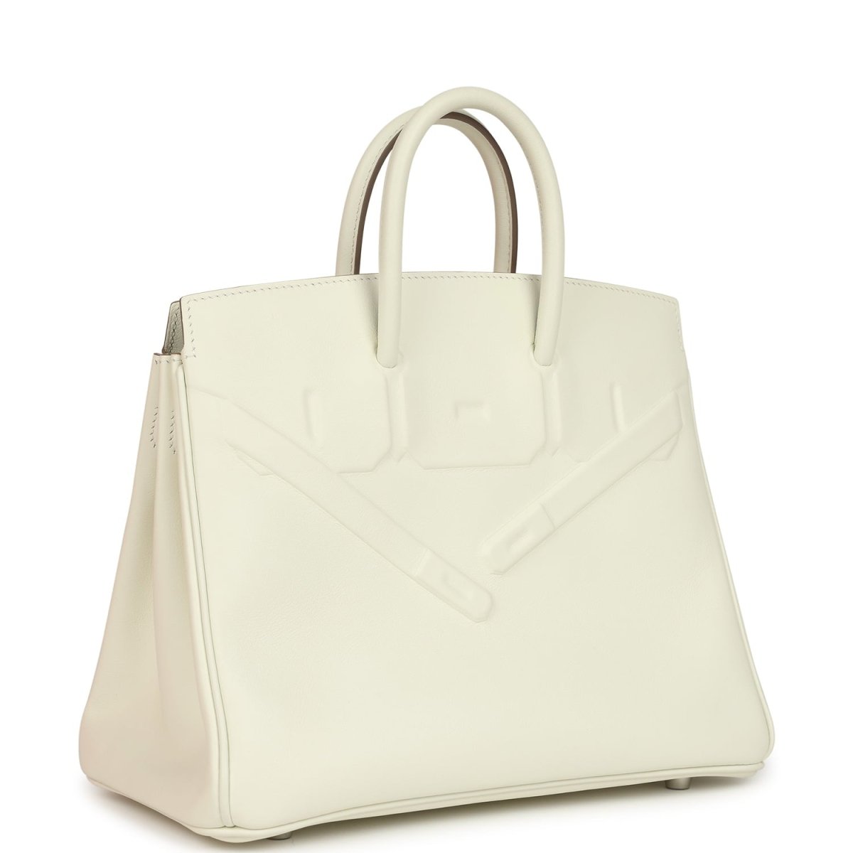 Cream leather handbag with embossed pattern and top handles, angled side view.
