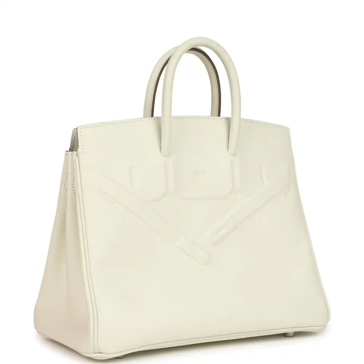 Cream leather handbag with embossed pattern and top handles, angled side view.