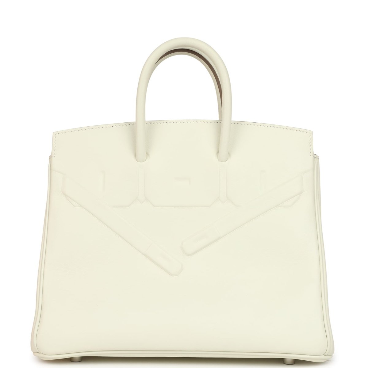 Cream leather structured handbag with embossed detailing and two top handles.