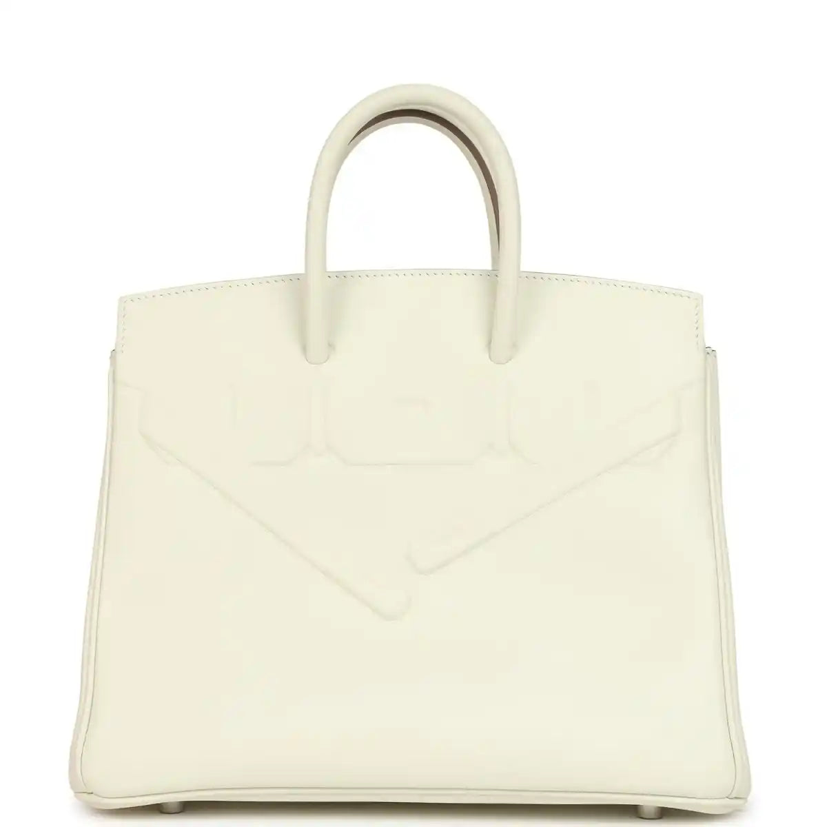 Cream leather structured handbag with embossed detailing and two top handles.