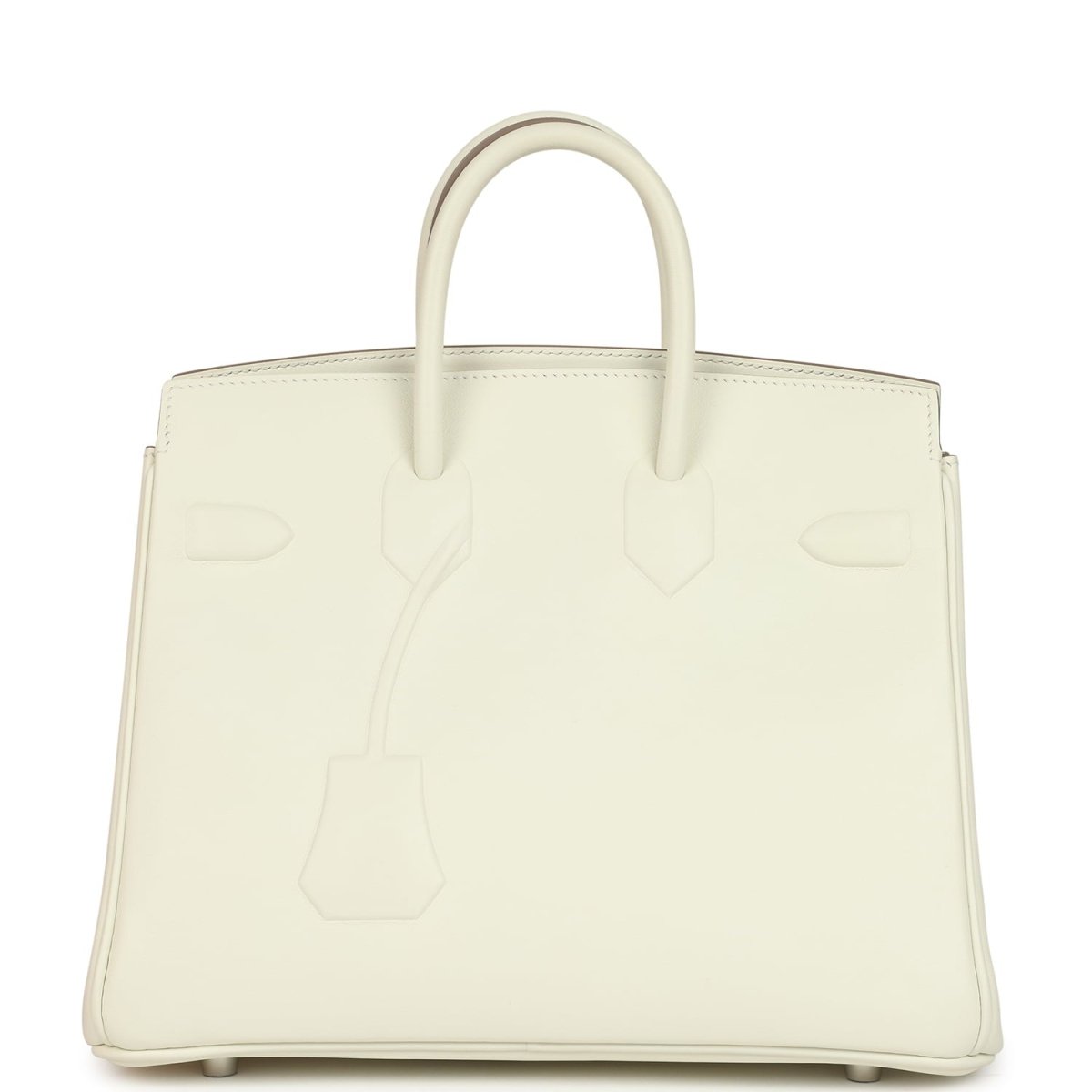 Cream leather handbag with embossed motifs and two top handles, front view.