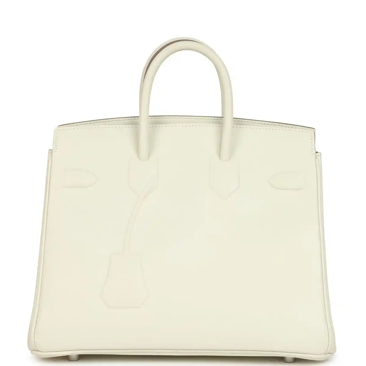 Cream leather handbag with embossed motifs and two top handles, front view.
