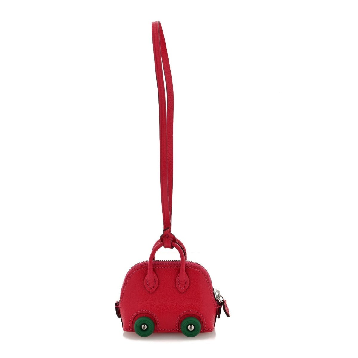 Red leather bag charm, car-shaped, green wheels, with loop strap and keyring