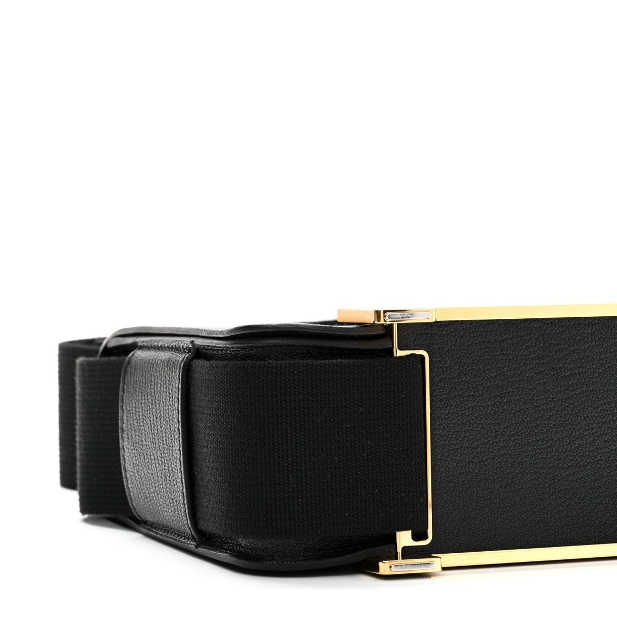 HERMES black leather crossbody bag angled view with gold-tone clasp and strap