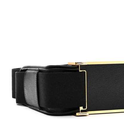HERMES black leather crossbody bag angled view with gold-tone clasp and strap