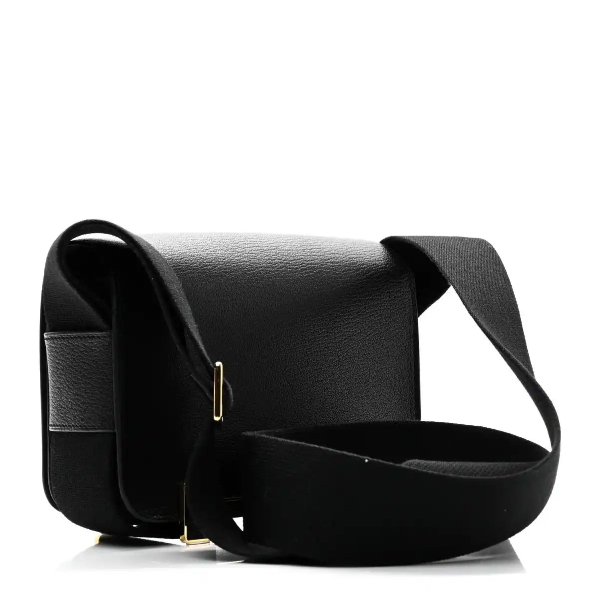 HERMES black leather crossbody bag with wide strap and gold-tone clasp detail
