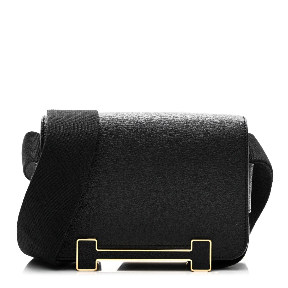 HERMES black leather crossbody bag with flap and gold-tone front clasp